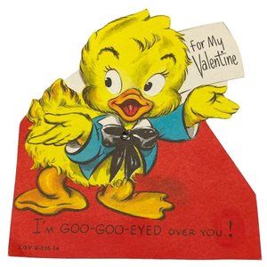 Valentines Day Vintage Greeting Card Duck Moving Eyes Yellow Duckling 1940s Anth